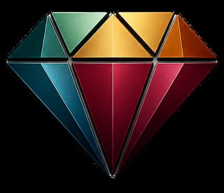 Forma geométrica de diamante con facetas coloridas en turquesa, verde, amarillo, naranja, burdeos y rosa sobre fondo negro
